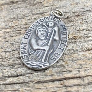 925 Sterling Silver Oval Saint Christopher Protect Us Pendant 6 grams Saint